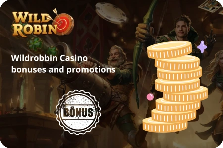 Wild Robin Casino bonuses and promotions with logo, coins, and characters in a gaming scene