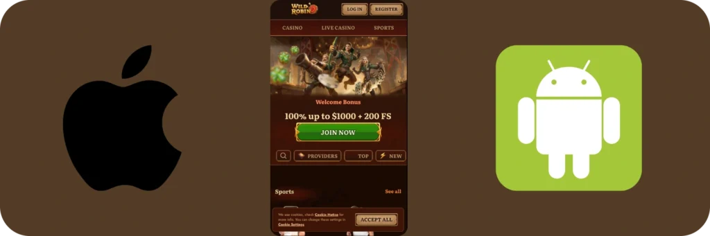 Wild Robin Casino mobile app for iOS and Android with $1000 bonus and 200 free spins