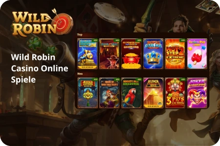 Startseite des Wild Robin Casinos mit empfohlenen Spielen und Boni